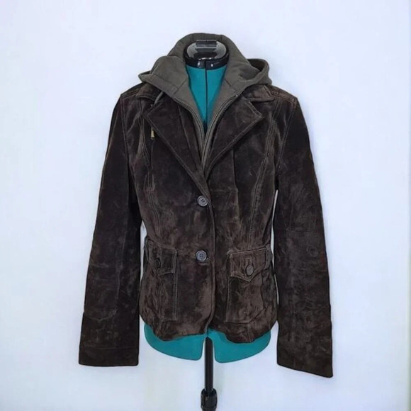 Cruze Brown Suede Leather Jacket with Removable Hoody - Size Large - Picture 1 of 13